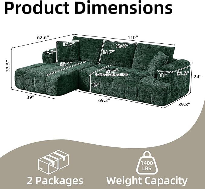 110 Inch Cloud Sectional CouchModern Upholstered Sofa with Deep SeatChenille Boneless Couches with L-Shape ChaiseSponge Compressed Couches for Living Room (Dark Green Left Facing Chaise)
