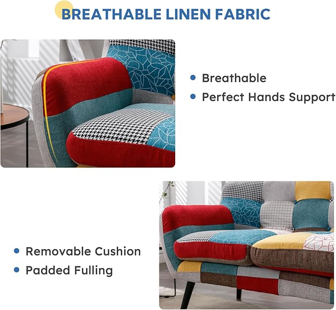 Bonzy Home Modern Boho Loveseat Couch Sofa Chair for Living Room Bedroom Upholstered Colorful Plaid Fabric 2-Seat Love Seat Sofa with Wood Leg for Small Space One Loveseat