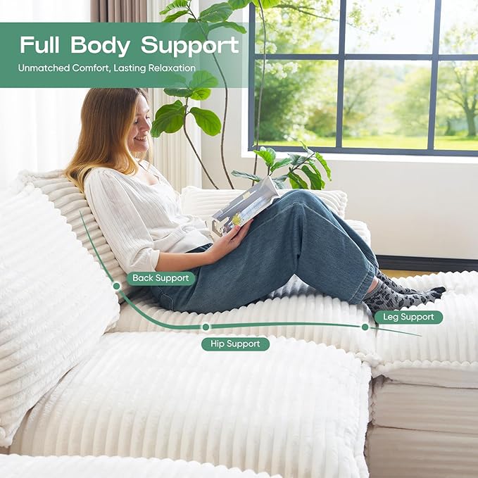 145 Modular Sectional Sofa Comfy Cloud Sectional Couch with Deep SeatOversized U Shaped Boneless Couch with OttomanUpholstered Boneless Cloud Couch with Side PocketsCorduroyBeige