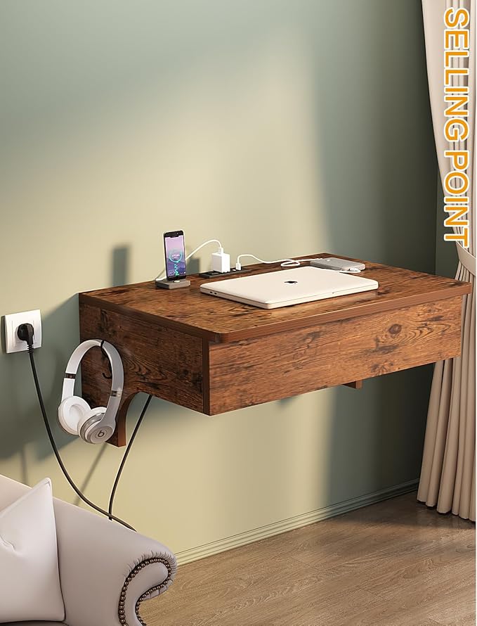 Wall Mounted Table with Power Outlets 28.4 W x 19.7 D Floating Table with Storage Drawers for Small Spaces Writing PC Desk with Headphone Hook for Home Office Brown (Brown)
