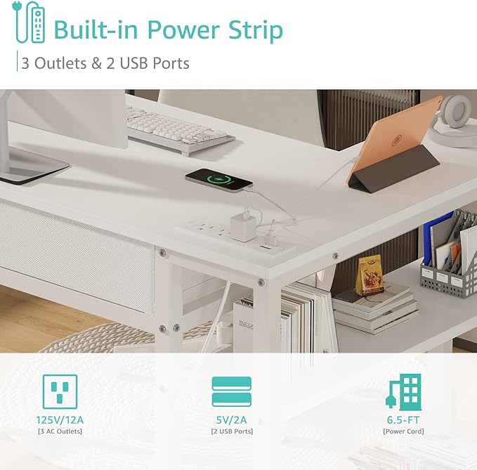 DLisiting Small White L Shaped Desk with Drawers &amp Storage Shelves 40 Inch Corner Desk with Power Outlet for Small Space Home Office Study Work PC Desks for Bedroom