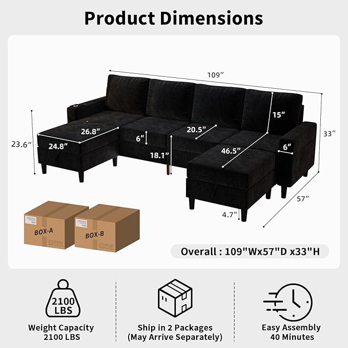 Sectional Couches for Living Room 6 Seat Chenille Sectional Sofa with Smart Module-Wireless Charging/USB/Type-C/RGB Light U Shaped Couch with 2 Movable Storage Ottomans (Black)