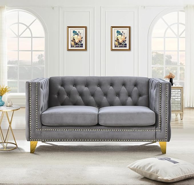 58-Inch Velvet Loveseat Sofa Comfy Couch for Living Room Modern Sofa with Tufted Back and Rivet Decoration Upholstered Small Love Seat with Solid Golden Metal Tapered Legs Grey