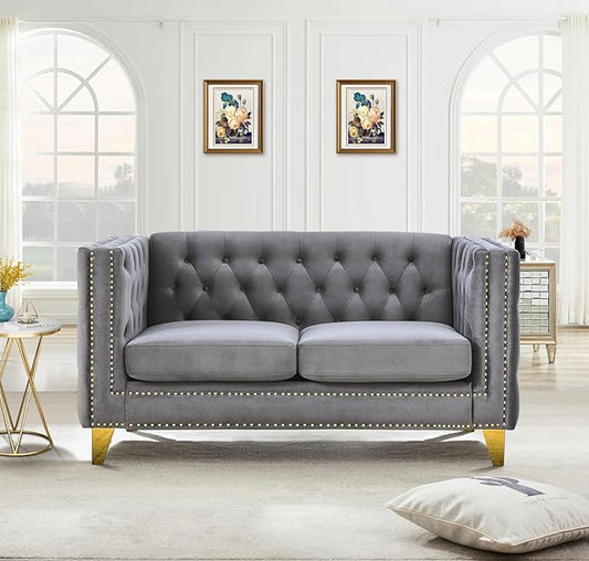 58-Inch Velvet Loveseat Sofa Comfy Couch for Living Room Modern Sofa with Tufted Back and Rivet Decoration Upholstered Small Love Seat with Solid Golden Metal Tapered Legs Grey