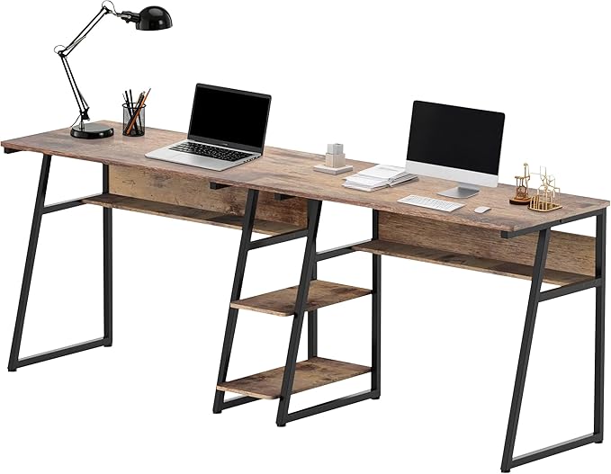 J.M.Deco 81'' Two Person Computer Desk with Storage Shelves Extra Long Study Writing Table Workstation for Home Office (Rustic Brown)