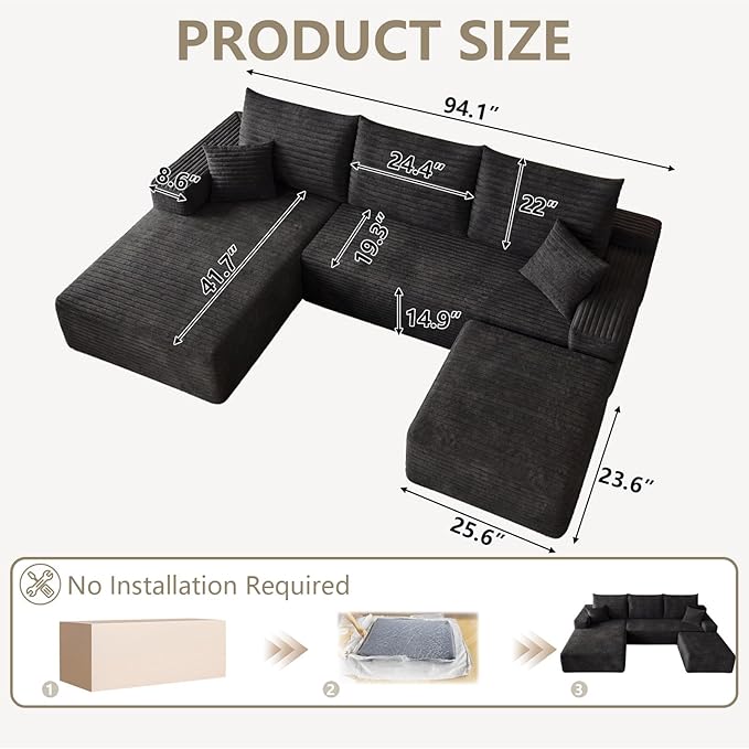 95 Modular Sectional Sofa Cloud Sectional Couch with Deep Seat Corduroy Boneless Couch with U Shaped Couch for Living Room No Assembly Required(Black Left Facing Chaise)