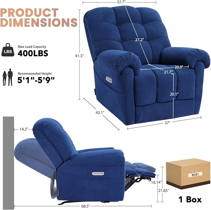 EONIX Power Rocker Recliner Chair Lazy Boy Recliner Rocking Chair for Adults and Nursery Electric Recliner Chair with Heat and Massage for Living Room Bedroom Study Room Relaxation Navy Blue