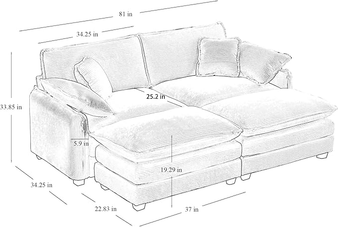 81 Modular Sectional Couch 2 Seat Extra Deep Corduroy Loveseat Sofa with 2 Ottoman Footrest &amp 4 Throw Pillows Modern Upholstered Comfy Couches for Living Room Bedroom Office Apartment Beige