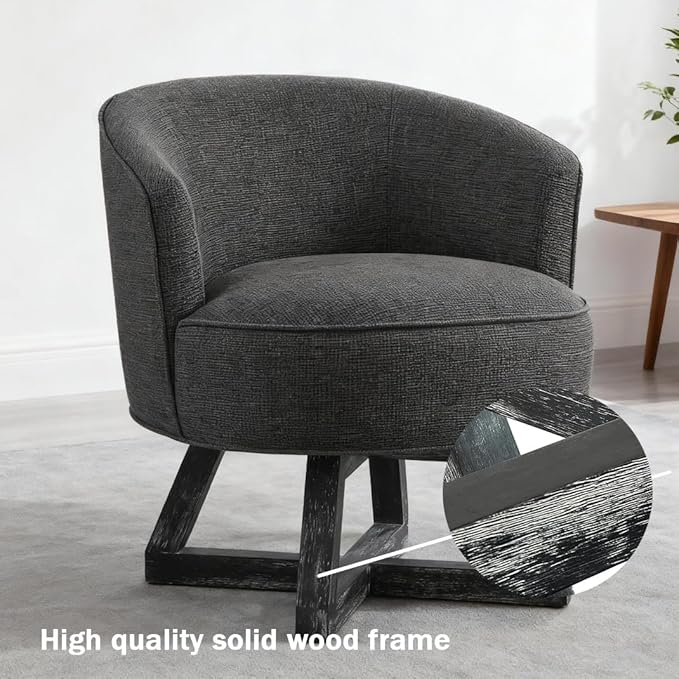 360°Swivel Accent Chair Farmhouse Retro Dressing Chair Linen Fabric Upholstered Reading Chair with Wood Base Bucket Chair for Living Room Bedroom Office Dresser (Dark Gray)