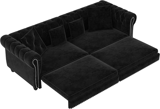 89'' Pull Out Sofa Bed King Chesterfield Velvet Sleeper Sofa Convertible L-Shaped Futon Couch Tufted Back 4 Pillows Ottoman Deep Seat Loveseat Couches for Living Room Apartment Black
