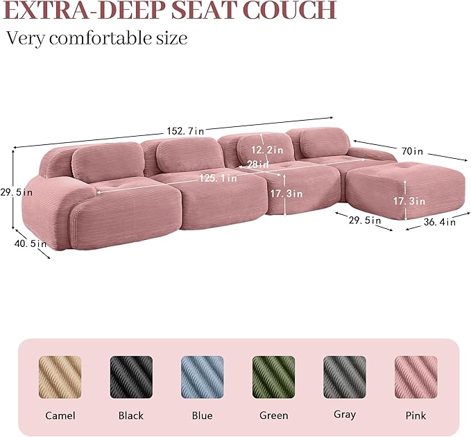 Boneless Sectional Couch No Assembly Required 152.7” L Shaped Modular Cloud Sofa with Pillow and Ottoman Deep Seat Corduroy Couch for Living Room Bedroom Office Apartment