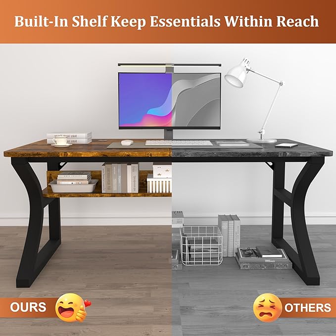 StarGraph Computer Desk 55'' Large Home Office Desk with Sturdy Metal Frame U Shaped Modern Computer Desks with Storage Study Writing Office Work from Home Desks (Rustic Brown 55 inch)
