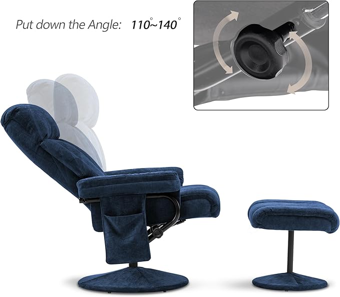 MCombo Swivel Recliner with Ottoman TV Chair with Vibration Massage Ideal for RV Small Space Living Room &amp Bedroom 4828 (Textile Blue)