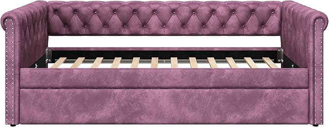 Merax Twin Size Upholstered Daybed with Trundle Modern Velvet Sofa Bed with Tufted Button Design and Curved Armrests for Living Room Bedroom and Guest Room No Box Spring Needed Purple