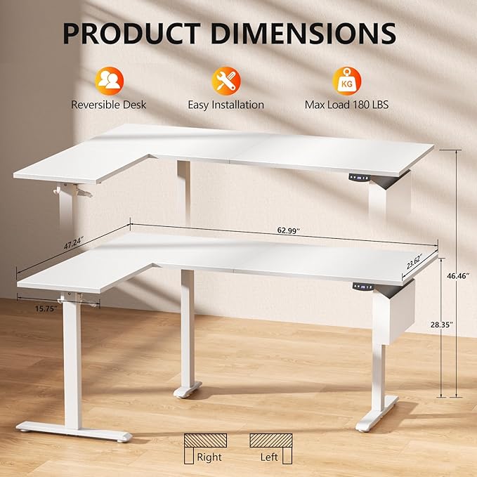 L Shaped Electric Standing Desk63 Inch Adjustable Height Sit to Stand Corner Desk with Memory Presets Reversible Computer Table for Home Office Work and Study White