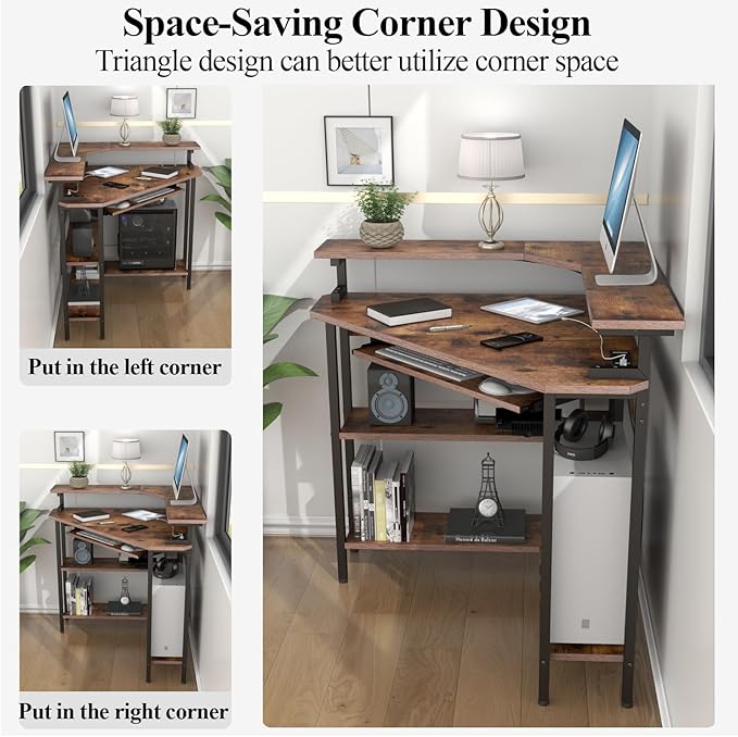 Auromie Corner Desk with Charging Station &amp LED Light Triangle Corner Desk with Monitor Stand &amp Keyboard Tray for Small Space Gaming Computer Desk with Storage Shelves for Home Office (Rusti