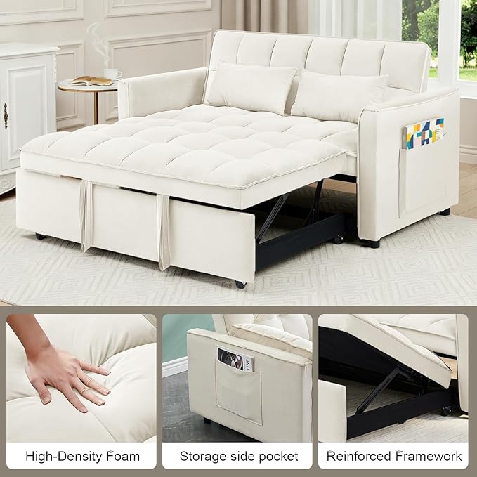 3 in 1 Folding Convertible Sofa Bed 55'' Pull Out Couch Bed with Side Pocket Velvet Fabric Loveseat Sleeper Sofa with Adjustable Backrest Easy Assembly Perfect for Living Room Off White