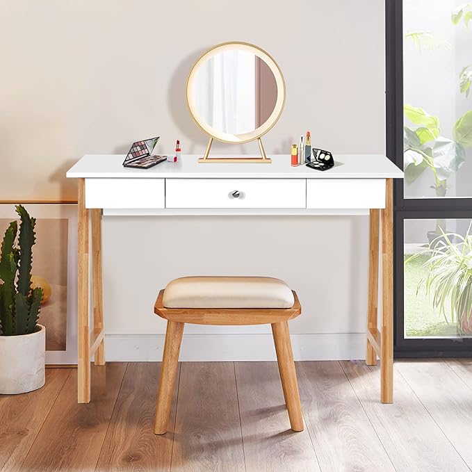COSTWAY 42 Computer Desk with Storage Drawer Modern Home Office Writing Study Table with Solid Rubber Wood Legs &amp Non-Slip Foot Pads Multifunctional Makeup Vanity Dressing Table (Wood and White