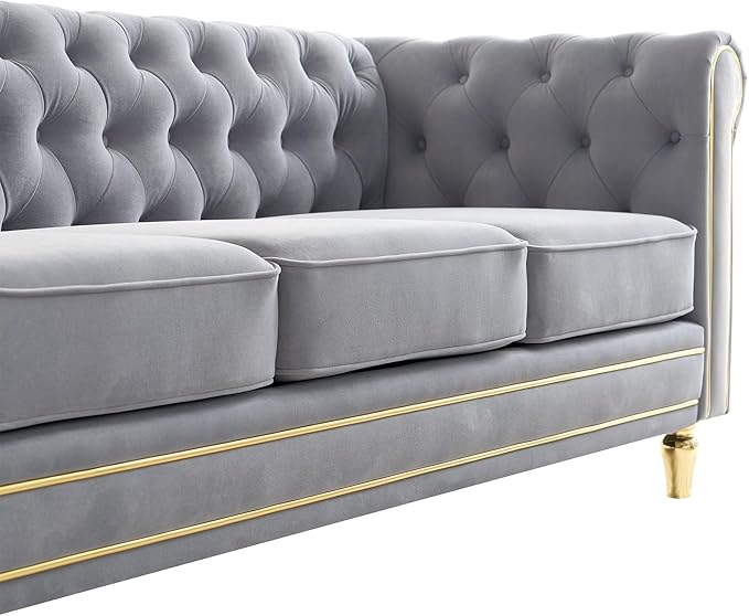 Homtique Modern Sofa Couch 3 Seater Couch Comfy Velvet Sofa with Button Tufted Rolled Arms and Gold Legs for Living Room Home Studio/Office Bedroom Grey