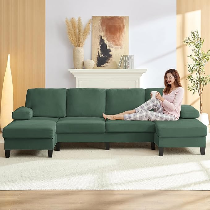 Mjkone 110 Width Sectional Couches with Chaises for Living Room U Shaped Cloud Sofa Couch with Ice Velvet Fabric Minimalist 4 Seater Sofa Set Living Room Sets Furniture for Home Office Green