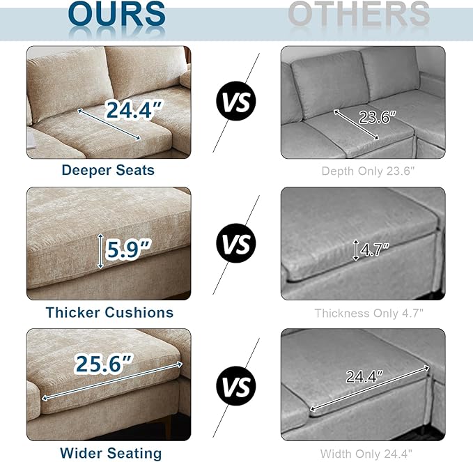 VINGLI 110 Large U-Shape Sectional Sofa Couch with 51 D Double Chaise for Living Room Modern Sectional Couch Set with Soft 5.9 Thickness Seating Padding Chenille FabricMetal Gold Legs(Khaki)