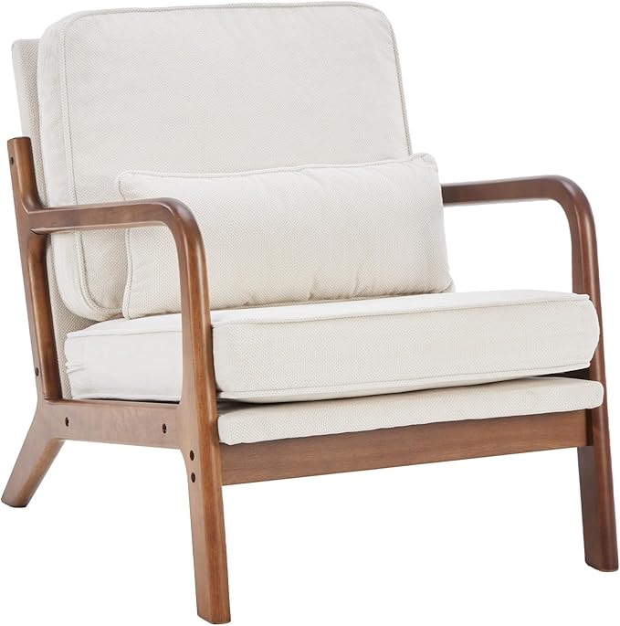 DUMOS Accent Chairs Set of 2Mid Century Modern Chair with Arms and Waist Cushion Reading Chairs for Adults Lounge Chair for Living Room and Bedroom Solid Wooden Frame Cream