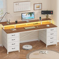 60 Inch Computer Desk with 8 Fabric Drawers Gaming Desk with LED Lights &amp Power Outlets Home Office Desk with Monitor Stand Brown and White
