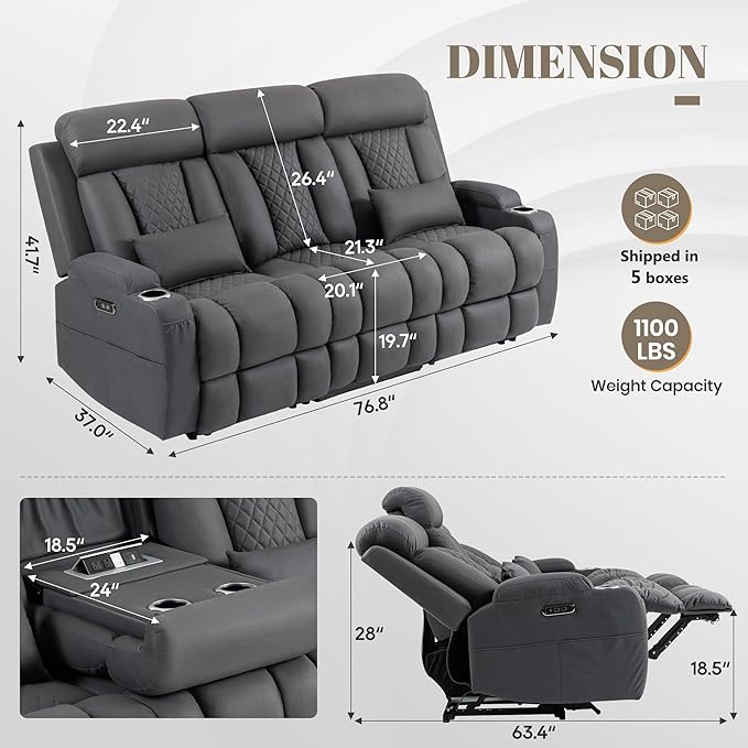 Zero Wall Hugger Power Reclining Sofa with Adjustable Headrest Electric Reclining Couch with Drop-Down TableOutlets Power Loveseat Recliner Sofa for Living Room (Gray 3 Seat)