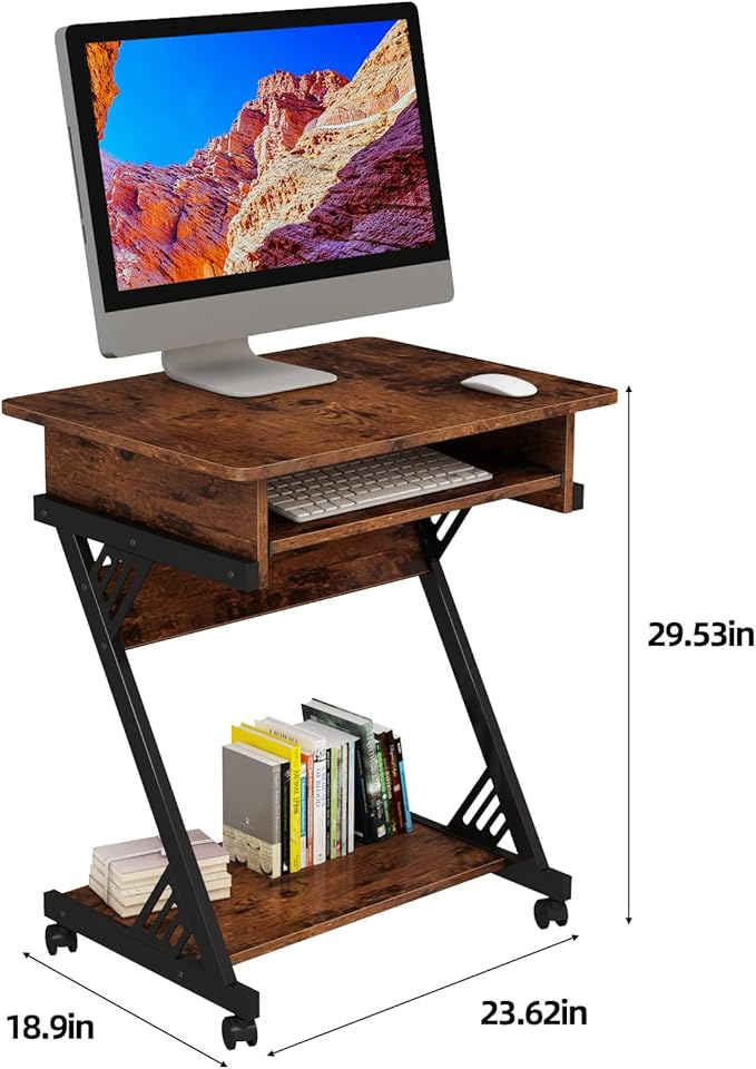 Computer Desk for Small Spaces Mobile Computer Desk with Keyboard Tray Z-Shaped Writing Table with Rolling Wheels &amp Storage Shelf (Brown)