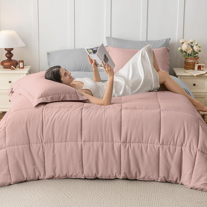 JOLLYVOGUE Twin XL Comforter Set Ultra-Soft Bed in a Bag Twin XL Size 5 Pieces Oeko-TEX Certified Bedding Set with Down Alternative Comforter Sheets Pillowcases &amp Shams Pink &amp Light Grey
