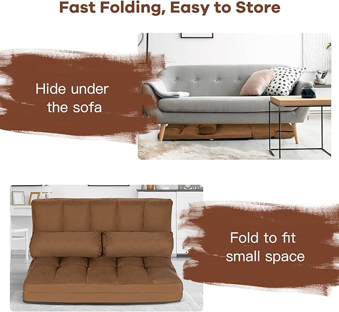 GOFLAME Convertible Floor Sofa 6-Position Couch with 2 Removable Pillows &amp Thick Sponge Cushion Load 330LBS Adjustable Lazy Sofa Bed for Living Room Bedroom (Brown)