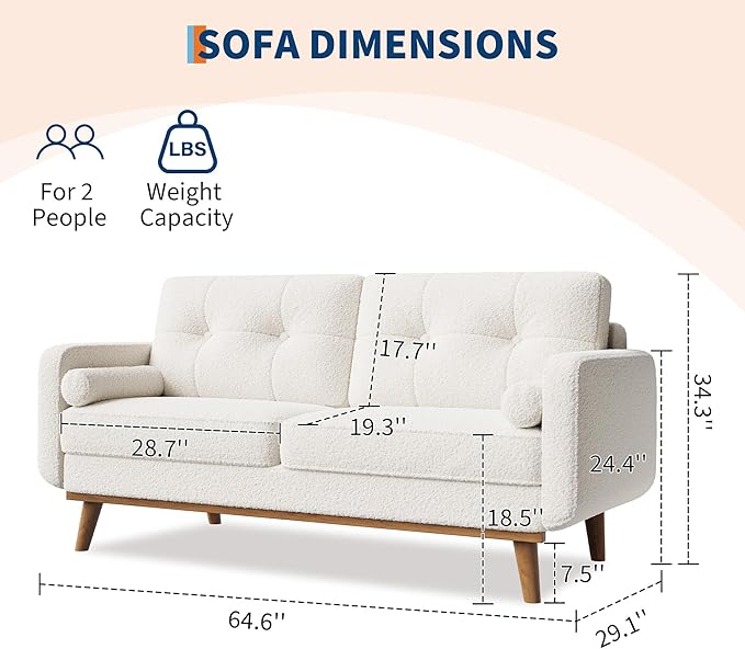 65 Mid Century Modern Couch Sofa Loveseat Comfy Love Seat Couches for Living Room 2 Seater Teddy Fleece Boucle Upholstered Deep Seat Couch for Bedroom Office Small Space Beige Cream
