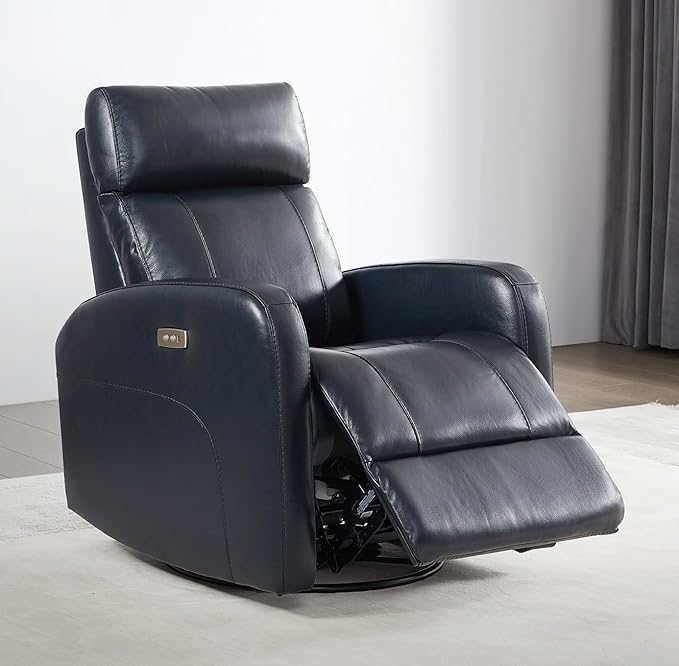 CHITA Genuine Leather Power Swivel Glider Recliner Chair for Adults FSC Certified Electric Nursery Rocker Recliner Chair for Living Room Navy Blue