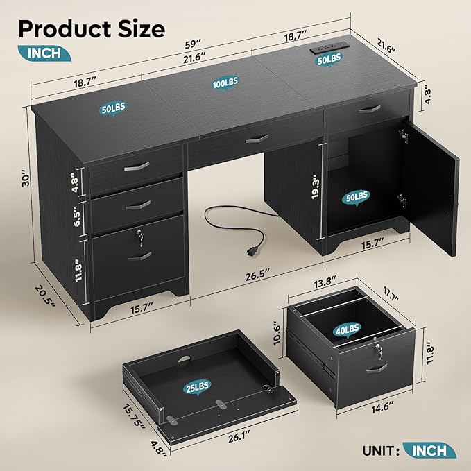 Bestier 59” Office Desk with Lockable Drawers Modern Computer Desk with File Drawer Charging Station &amp Drop-Front Keyboard Drawer Executive Desk with Storage Cabinet for Home Office &amp Studi