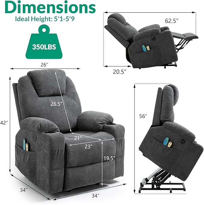 VIVIJASON Power Lift Chair Electric Recliner for Elderly Heated Vibration Massage Fabric Recliner Chair with 2 Remote Controls Cup Holders Side Pockets &amp USB Ports for Living Room (Grey)