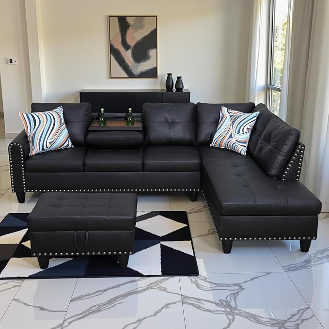103.5 Inch Black Leather Sofa L Shaped Leather Couch Modern Modular Couch for Living Room and Office Furniture