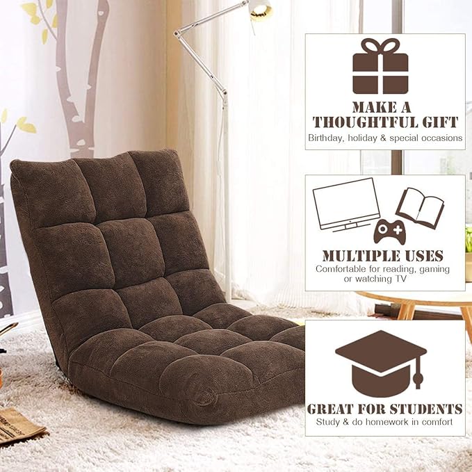 S AFSTAR Cushioned Floor Chair 14-Position Adjustable Padded Lazy Recliner with Comfortable Back Support and Skin-Friendly Cover Great for Reading Playing Game Meditating (Dark Coffee)