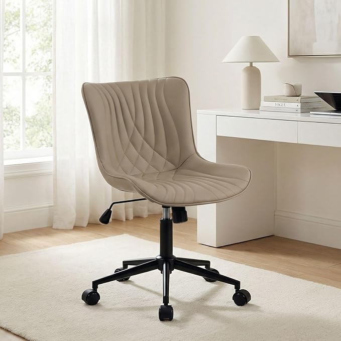 YOUNIKE Office Chair Desk Chair with Wheels Home Office Computer Task Chairs Modern Faux Leather Padded Vanity Chair Adjustable Swivel Armless Office Chairs with Back Khaki