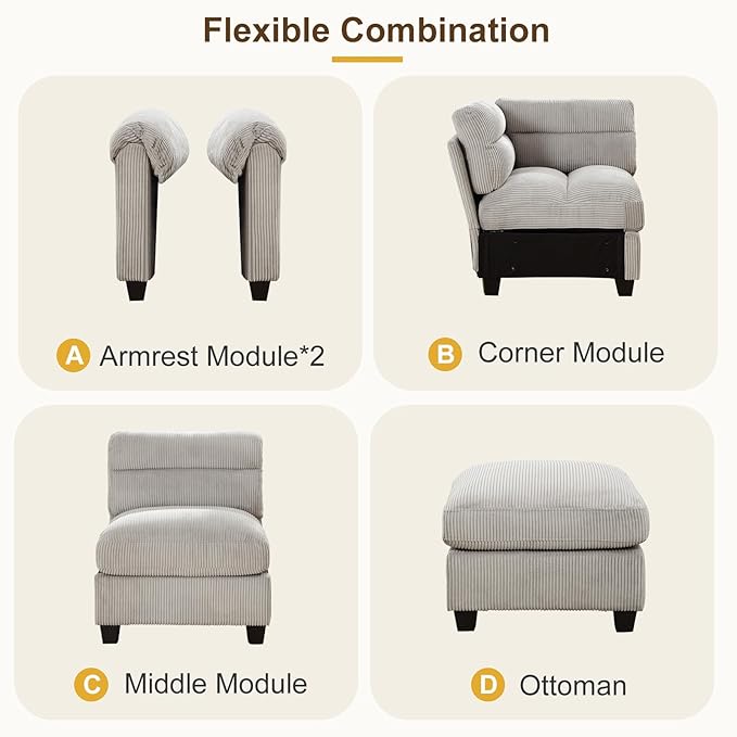 90 Wide Modular L Shaped Sofa Couch with Movable Ottoman Convertible Corduroy Sectional Couches with Reversible Chaises and Rolled Arm for Living Room Grey