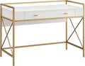 Pemberly Row Mixed Wood and Metal Home Office Desk White/Satin Gold Finish 44 x 22 x 32 in Drop Front Keyboard Drawer Adjustable Floor Levelers Modern Computer Desk for Workspace or Study