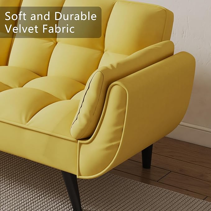 Olela Futon Sofa Bed Convertible Sleeper Couch 74 W Modern Velvet Loveseat with Adjustable Backrests and Solid Wood Legs for Living Room Bedroom Small Space (Yellow)