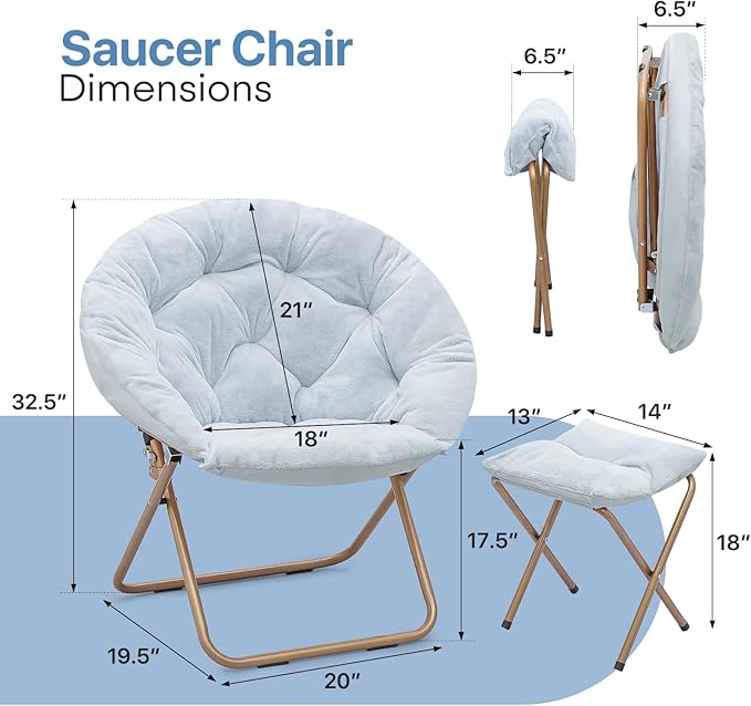 Foldable Oversized Moon Chair with Footrest Large Faux Fur Round Saucer Moon Chair with Folding Footrest Stool for Teens and Adults