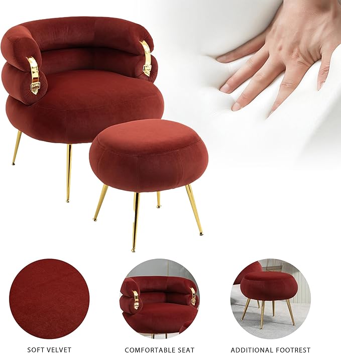 Velvet Accent Chair with OttomanModern Upholstered Armchair Tufted Chair with FootstoolSingle Sofa Chair with Metal Legsfor Living RoomApartmentBedroom (Wine Red-Chair and Ottoman)