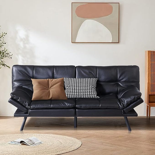 Black Faux Leather Futon Convertible Couch Bed Folding Memory Foam Sleeper Loveseat Adjustable Lounge Futon Sets Sofabed for Living RoomApartmentDormOffice
