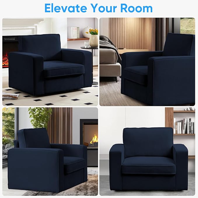 PUREMIND 360° Swivel Accent Chair Wide Upholstered Arm Chair with Wide Armrests Modern Square Sofa Living Room Chair for Bedroom Corner Reading Blue