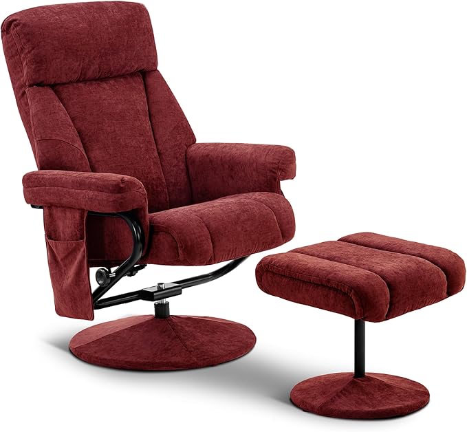 MCombo Swivel Recliner with Ottoman TV Chair with Vibration Massage Ideal for RV Small Space Living Room &amp Bedroom 4828 (Textile Burgundy)