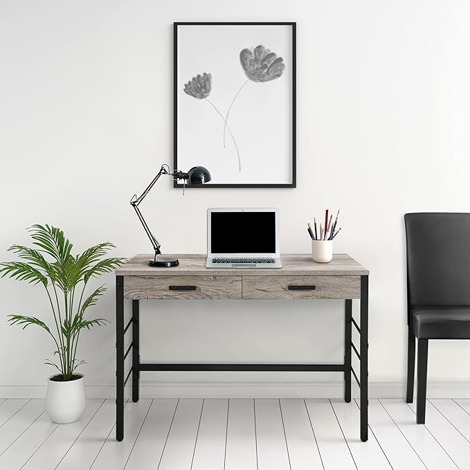 Light Weathered Oak &amp Black Writing Desk with 2 Drawers - Home Office Computer Desk
