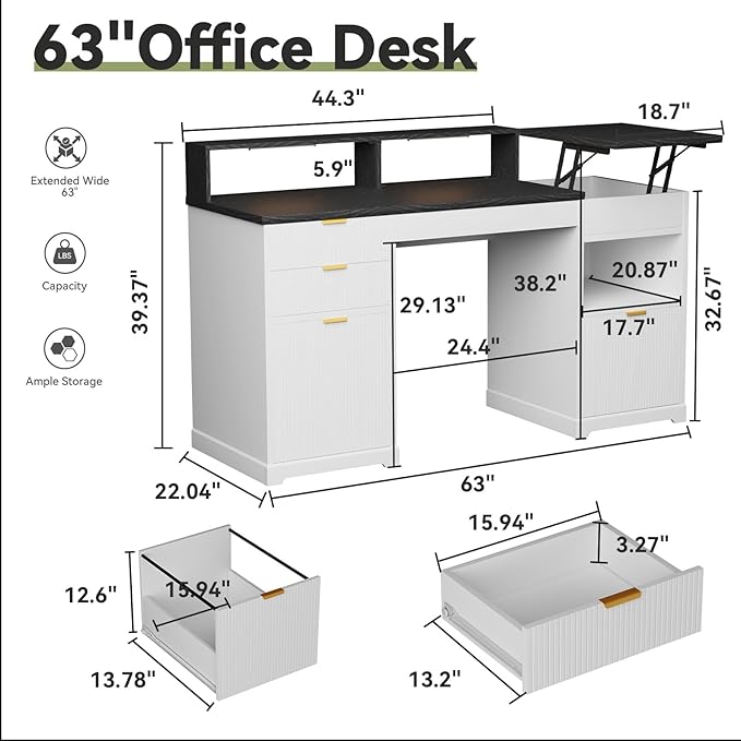 Fluted Desk with Drawers 63 Home Office Executive Desk with Lift Top Filing Cabinet Gaming Desk Charging Station Sensor Lights Computer Table with Monitor Stand White