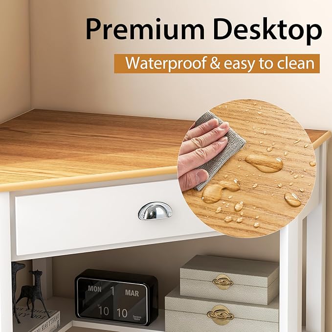 POWERSTONE Corner Desk with Drawer &amp Storage Shelves Small Triangle Writing Table Computer Desk Corner Vanity for Home Office Small Space Natural
