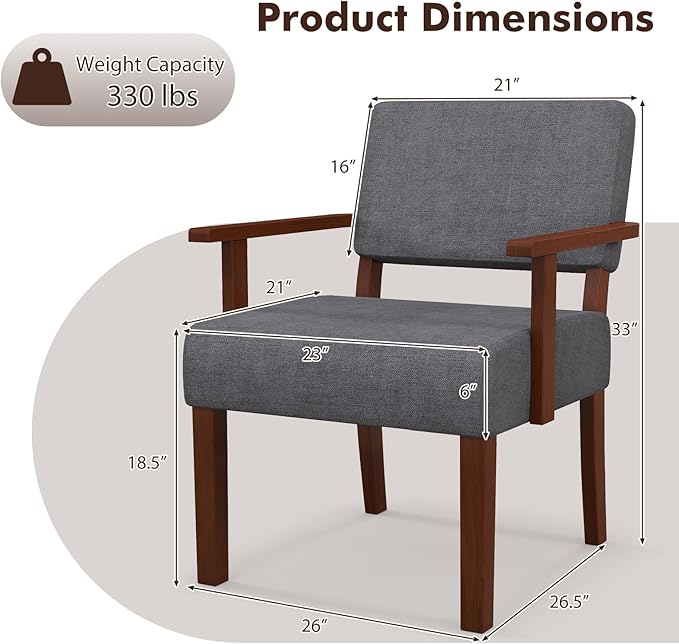 Giantex Mid Century Modern Accent Chair - Linen Living Room Arm Chair w/Soft Padded Seat &amp Backrest Rubber Wood Frame Upholstered Reading Chair for Living Room Bedroom Reception Grey